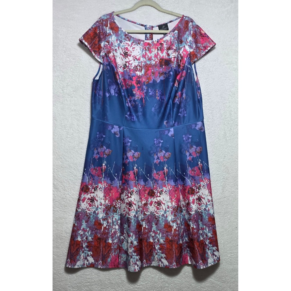 Adrianna Papell Blue Pink Floral Fit & Flare Dress Plus Size 20W Short Sleeve